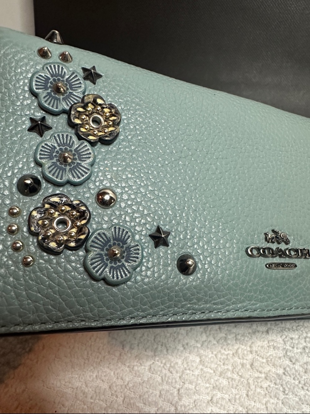 Coach Tea Rose Floral Studded Leather Wallet - Aqua Blue - Picture 16 of 16